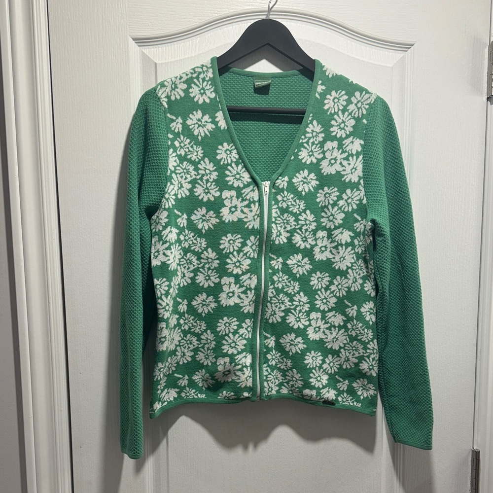 424-Geiger Austria Vintage Green Floral Knit Zip Front Cardigan Sweater Jacket